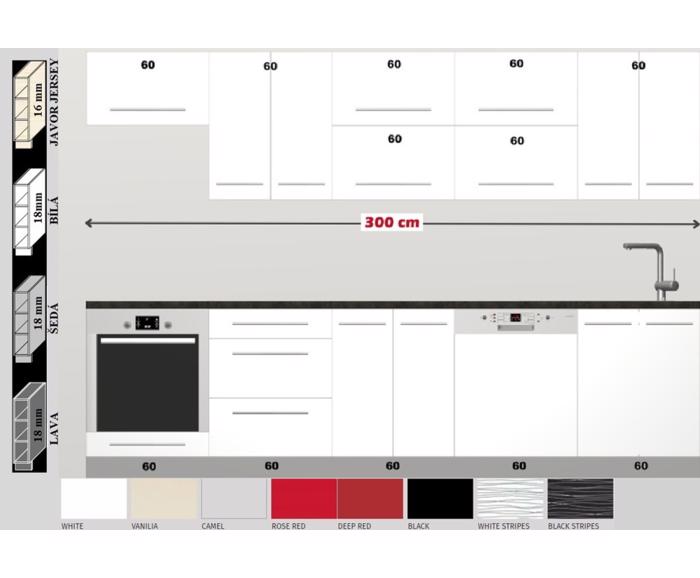 Fotogalerie Rovná kuchyňská linka Platinum délky 300 cm s myčkou - vysoký lesk