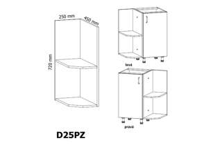 D25PZ (25 cm) levá, spodní skříňka ukončovací kuchyňské linky Aspen, Provans, Royal, Linea