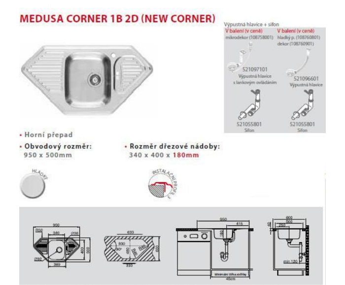 Fotogalerie Dřezový set Pyramis: MEDUSA CORNER 1B 2D nerez + baterie Sereno chrom