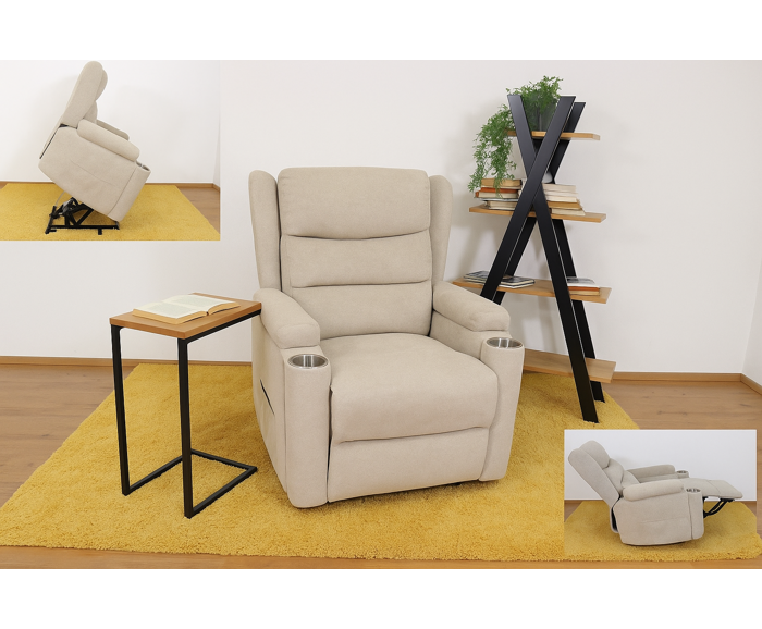 Elektrické polohovací křeslo pro seniory s nápojovými držáky - béžové