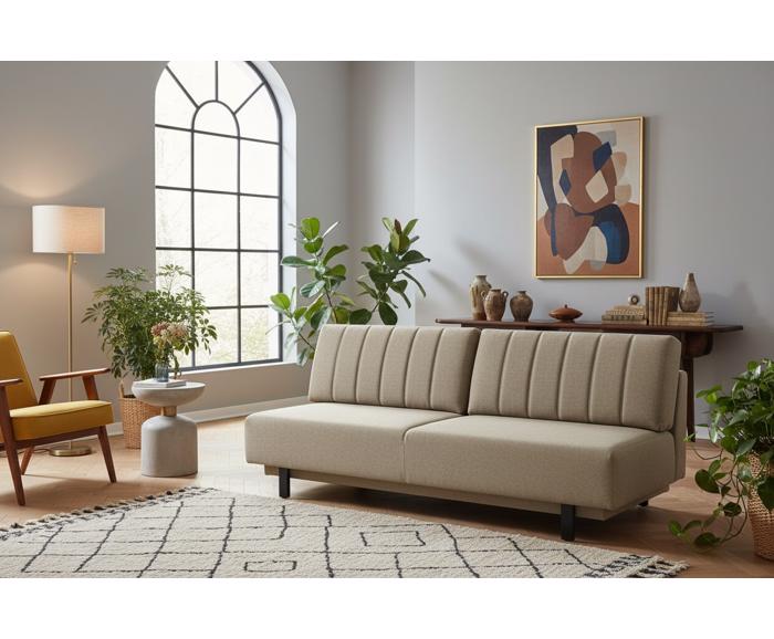 Fotogalerie Rozkládací pohovka na každodenní spaní s úložným prostorem 140 x 200 cm - Lunaro - tmavě béžová