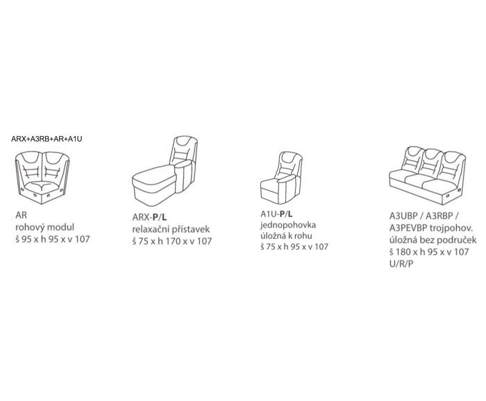 Fotogalerie Rohová sedací souprava Agáta ve tvaru U s relaxačním prvkem - výběr potahů