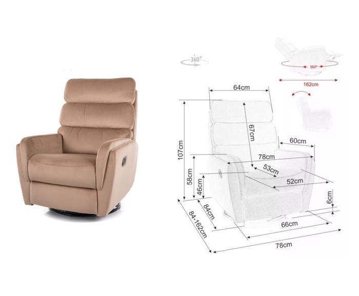 Relaxační otočné a houpací křeslo Velvet – béžové, pro seniory - ilustrační foto - rozměry
