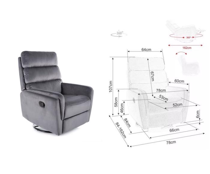 Ilustrační fotografie - Relaxační otočné a houpací křeslo Velvet – šedé, pro seniory - rozměry