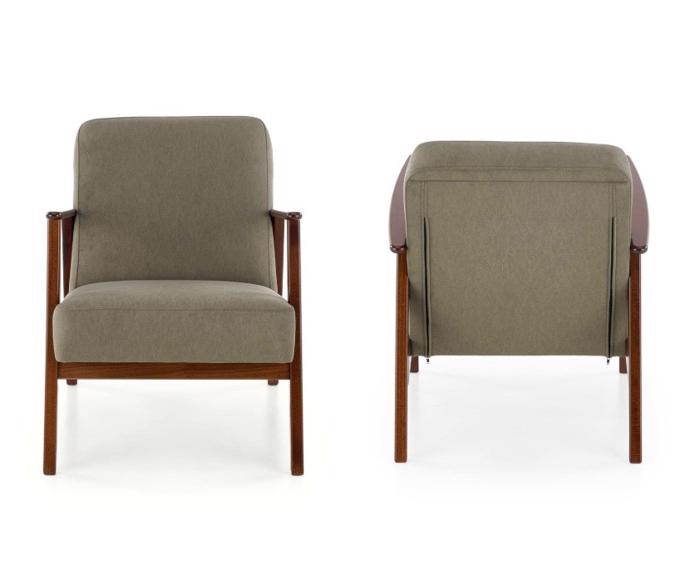 Designové retro křeslo MILANO 1S, látka Castel olivová - pohled ze předu a zezadu