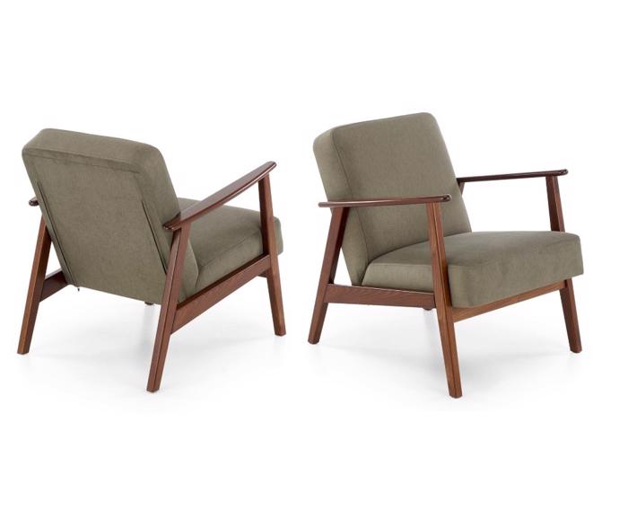 Designové retro křeslo MILANO 1S, látka Castel olivová - různé pohledy