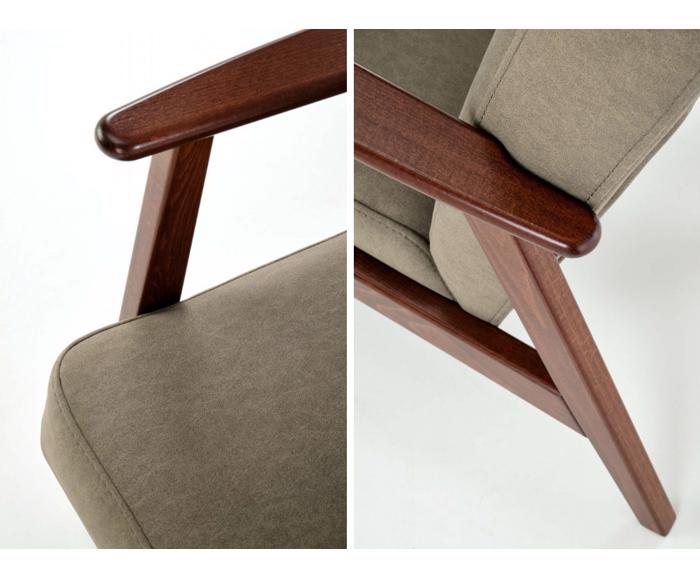 Designové retro křeslo MILANO 1S, látka Castel olivová - detail dřevo buk, moření vlašský ořech