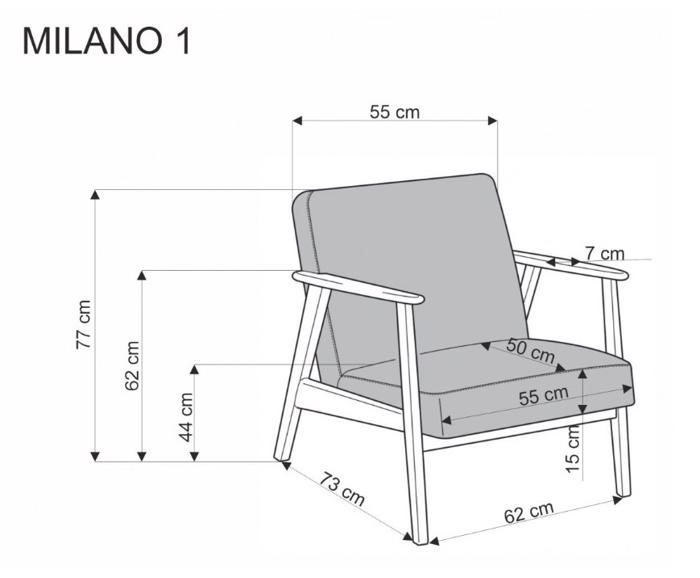 Designové retro křeslo MILANO 1S, látka Castel olivová - rozměry