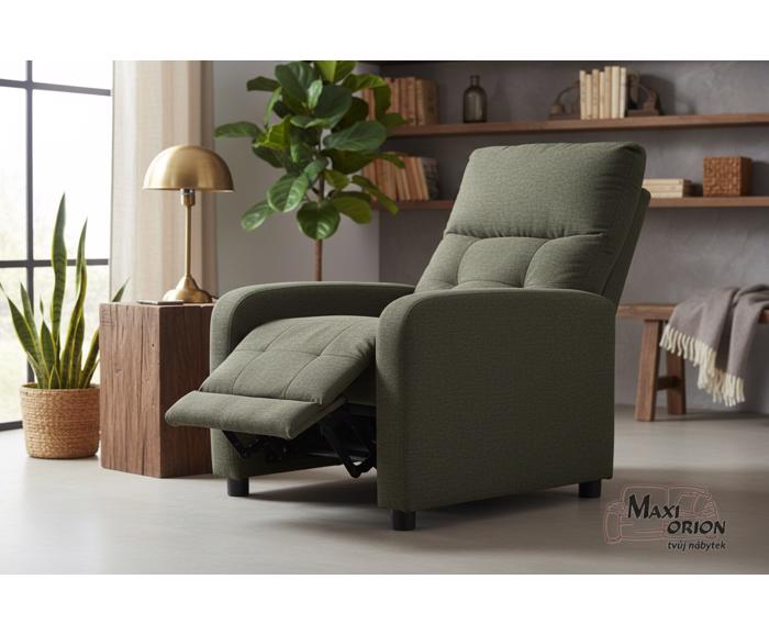 Relaxační polohovací křeslo Alan – olivové (nosnost 150 kg) v moderním interiéru