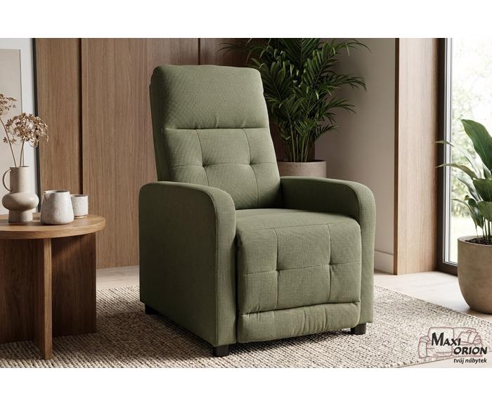 Relaxační polohovací křeslo Alan – olivové (nosnost 150 kg) v moderním interiéru