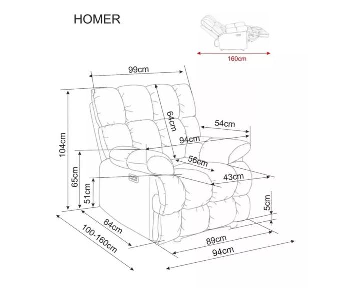 Elektrické polohovací křeslo HOMER s funkcí houpání - rozměry