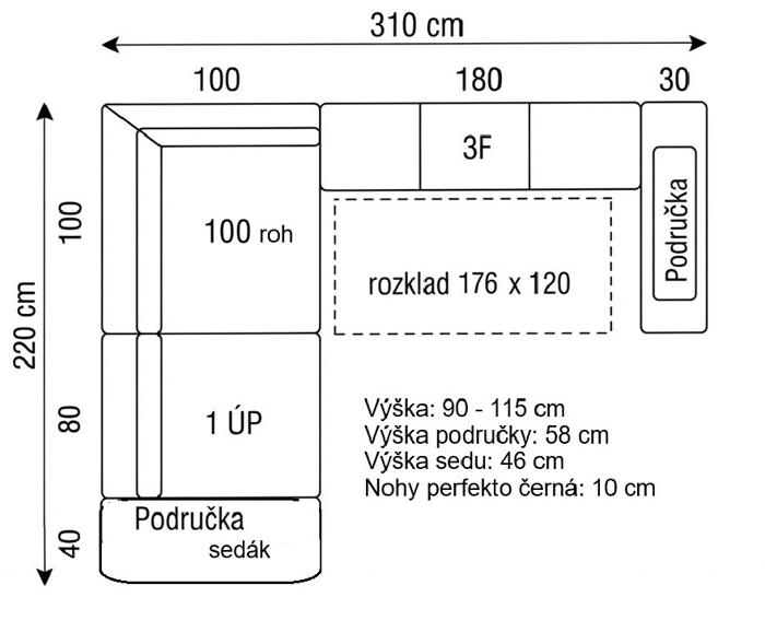 Rozkládací rohová sedací souprava Metrix IV - rozměry