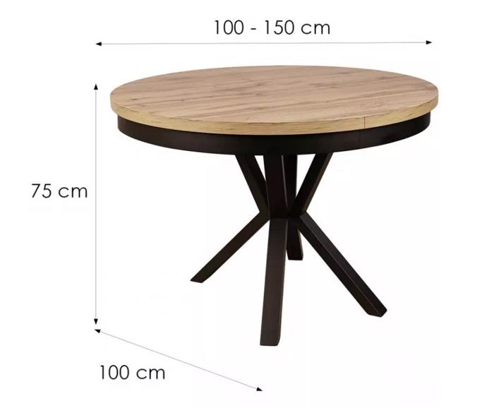 Kulatý rozkládací jídelní stůl 100 až 150 cm - Dub Wotan / Černá s rozměry