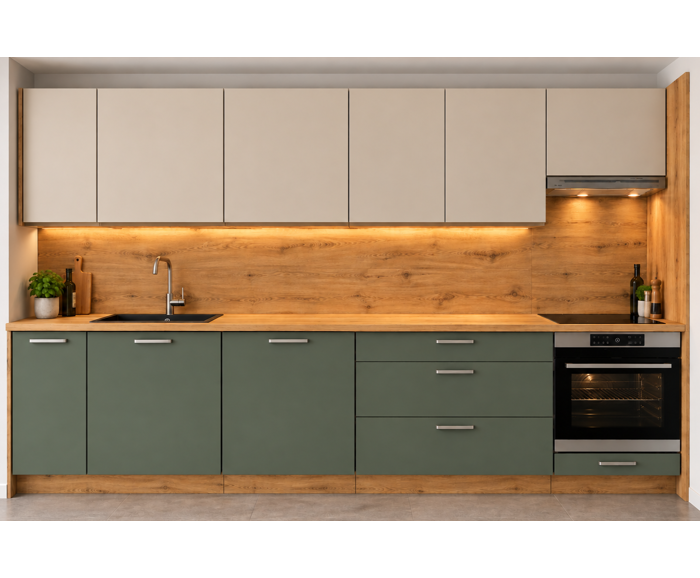 Rovná kuchyňská linka Avellino/Bonn 304 cm - dolní zelená Bonn s úchyty, horní kašmír Avellino, pracovní deska a zádový panel dub artisan