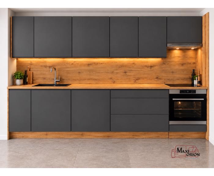 Rovná kuchyňská linka Avellino 304 cm - grafit mat, pracovní deska a zádový panel dub artisan
