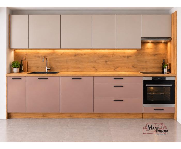 Rovná kuchyňská linka Avellino/Bonn 304 cm - dolní Bonn cobe s úchyty, horní kašmír Avellino, pracovní deska a zádový panel dub artisan