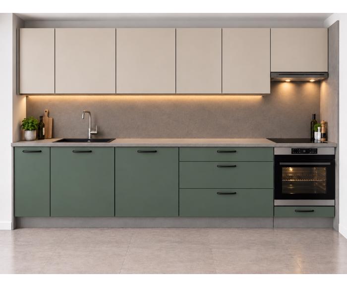 Rovná kuchyňská linka Avellino/Bonn 304 cm - dolní green Bonn s úchyty, horní kašmír Avellino pracovní deska a zádový panel light grey