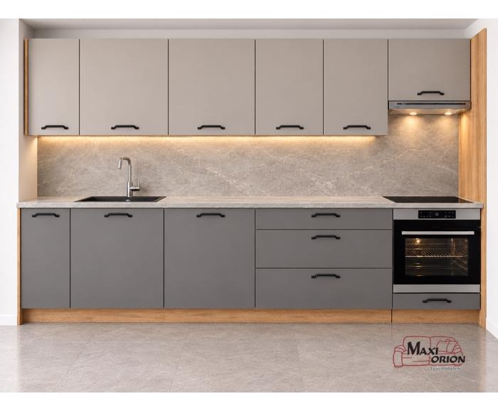 Rovná kuchyňská linka Bonn s úchyty 304 cm - dolní grey, horní kašmír pracovní deska a zádový panel mramor crystal