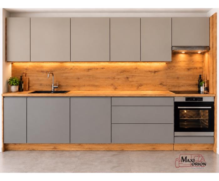 Rovná kuchyňská linka Avellino 304 cm - dolní stone grey, horní kašmír, pracovní deska a zádový panel dub artisan